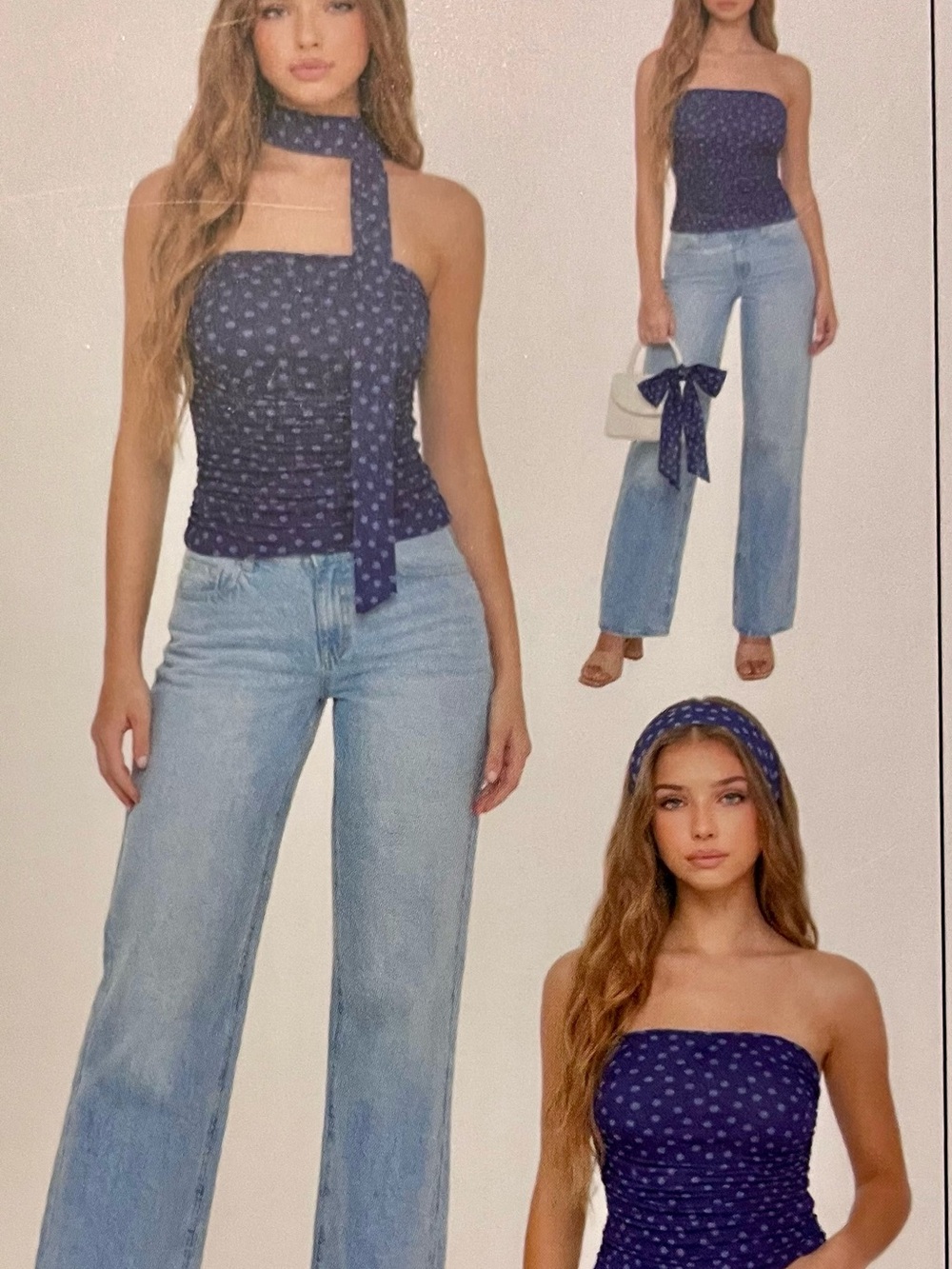 Strapless Navy Polka Dot Crop Top with Scarf Detail